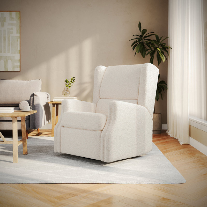 Jillean Upholstered Wingback Manual Rocking Glider Recliner Chair with 360° Swivel, Off White Boucle