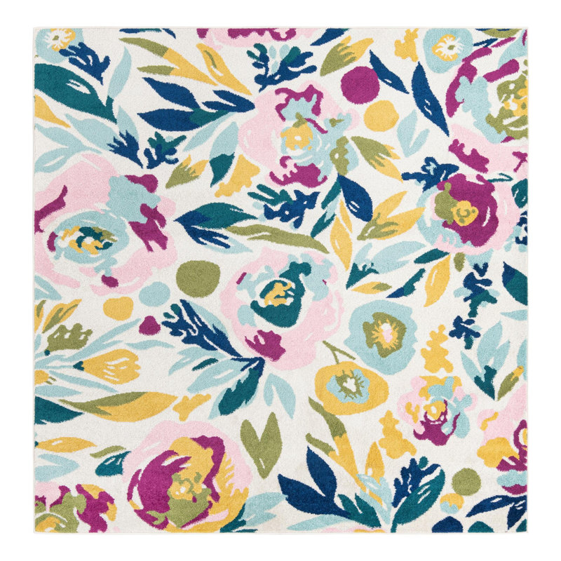 Holle Floral Area Rug, Square 7'10", White/Navy Blue/Yellow