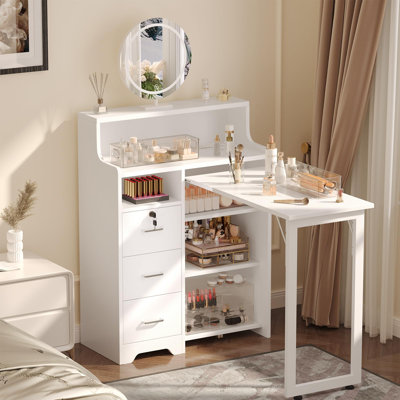 Table à ongles pliante en L, bureau à clous avec station de charge intégrée, support de rangement à 5 niveaux et 3 tiroirs, bureau de manucure professionnel pour salon, spa ou maison, poste de travail peu encombrant, blanc