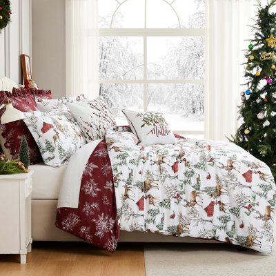 Southshore Fine Linens White Christmas Reversible Comforter Bedding Set, 5-Piece with 1 Comforter, 1 Standard Sham, 1 Euro Sham, 1 Throw Pillow and 1 Pillow Cover, Twin/Twin XL