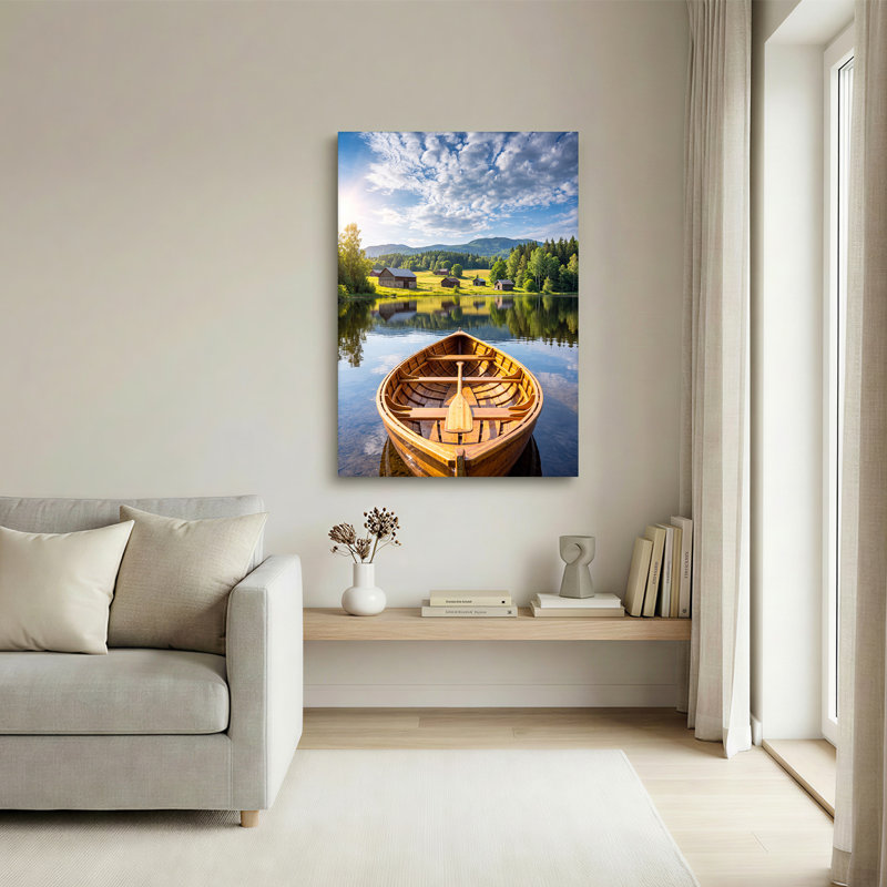 Toile en bois sur le lac avec montagnes et cabanes, art mural, 18"H x 12"W