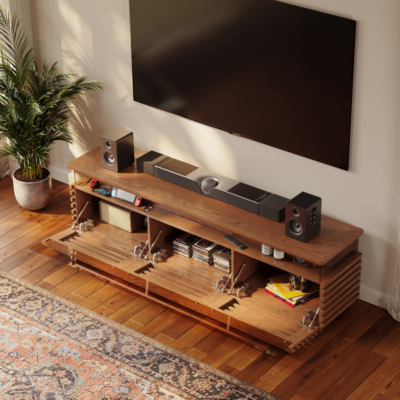 Console multimédia à lattes Selene avec éclairage DEL, aucun assemblage requis, Noyer, H 20,47 po x L 70,87 po x l 17,72 po