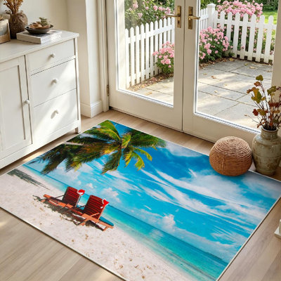 Tapis intérieur rouge lavable à la machine, motif chaise de plage de Noël avec Père Noël et mer