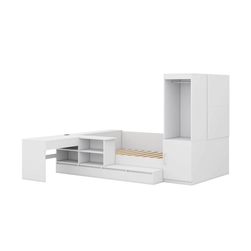 Lit plateforme double en bois avec 6 tiroirs, garde-robe, bureau et tablettes, Blanc