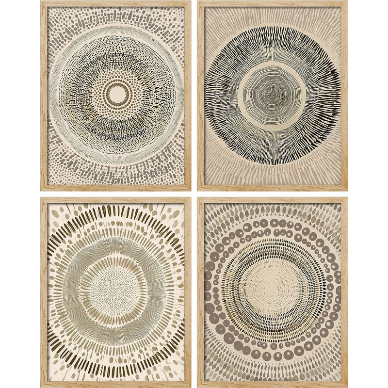 Muted Boho Abstract Geometric Bohemian Small Home Decor - Framed Poster Print 4 Pieces Wall Art Work, Natural Framed