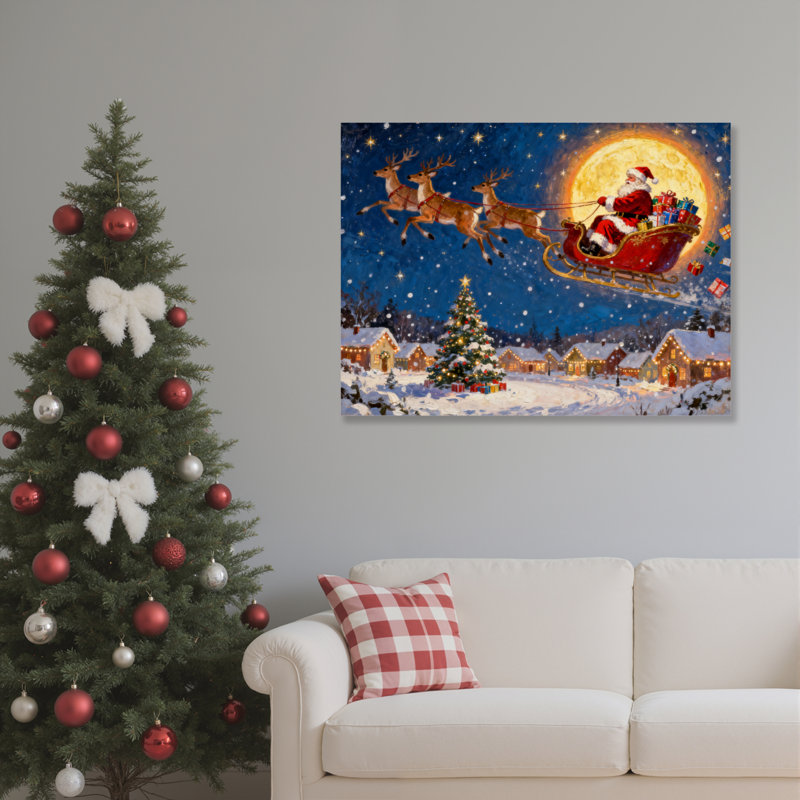 «Santa Sleigh Reindeer», art mural sur toile, H 12 po x l 18 po