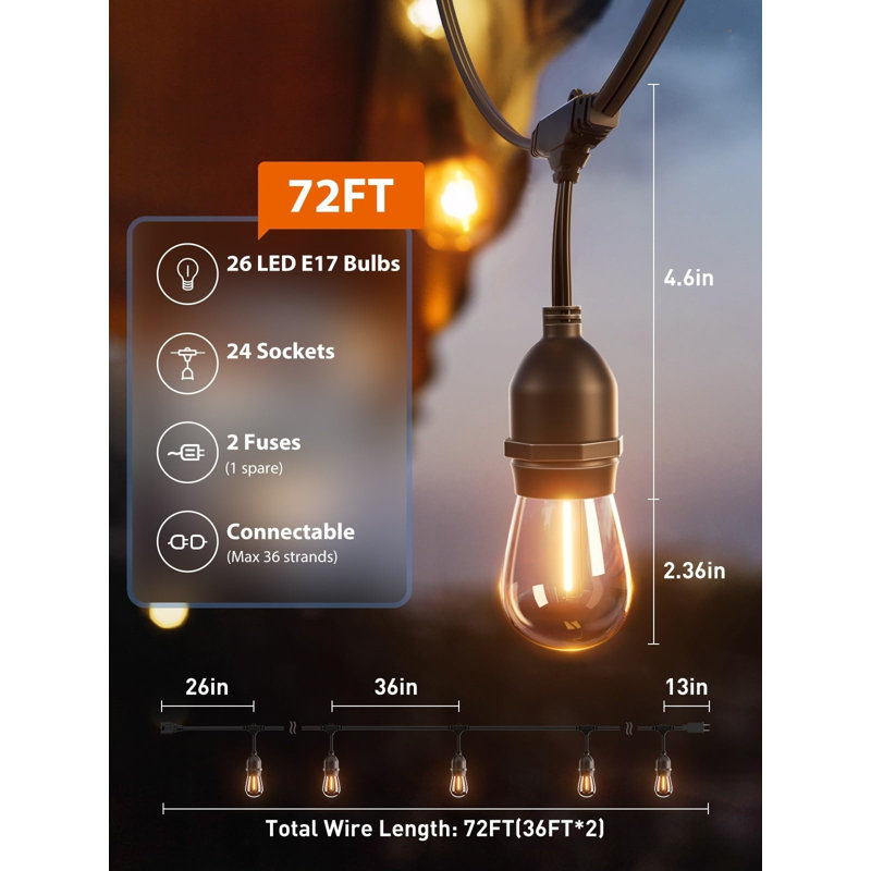 72FT LED Outdoor String Lights, Edison Shatterproof Bulbs Weatherproof