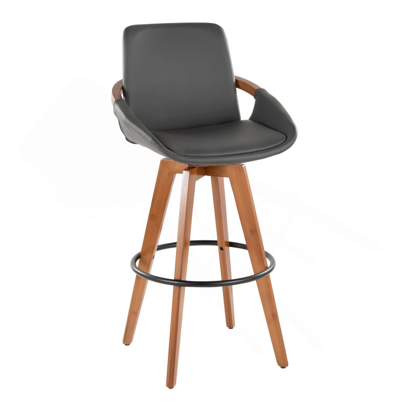 Tabouret de bar 29 po à hauteur fixe avec pivot en bambou et similicuir gris avec repose-pieds rond en métal noir, Gris
