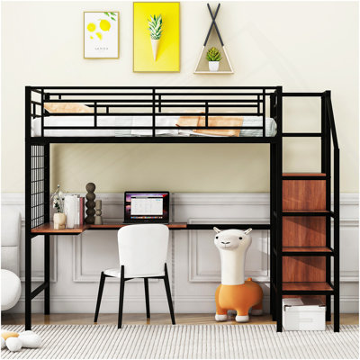 Lit mezzanine simple en métal avec bureau et grille en métal, élégant lit à structure en métal avec échelle de rangement latérale et garde-robe, noir