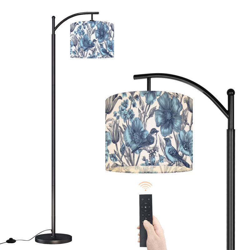 Lampe sur pied à arc avec abat-jour réglable Spring Vintage sans soudure fleurs oiseaux bleu blanc rétro lampe sur pied 3 températures de couleur à intensité variable haute lampe sur pied avec interrupteur au pied pour la chambre à coucher