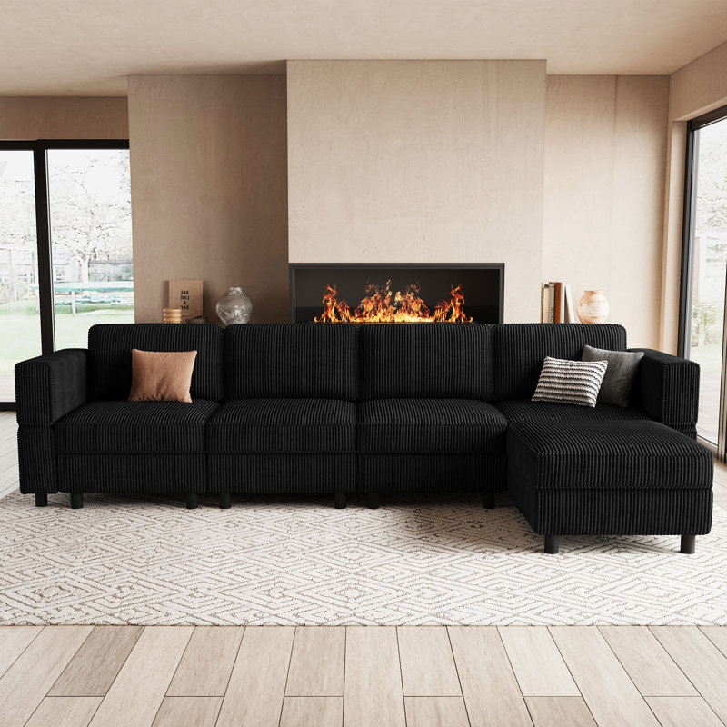 Upholstered Modular Sofa Sectional With Ottoman, Black Corduroy