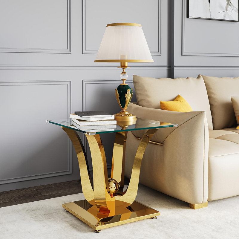 Glass Top End Table With Mirror Finish Stainless Steel Base, Gold
