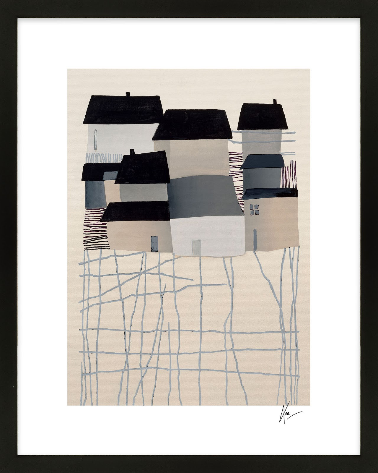 Village Print by Lee Lessem, 50" H x 40" W x 1.25" D, Black