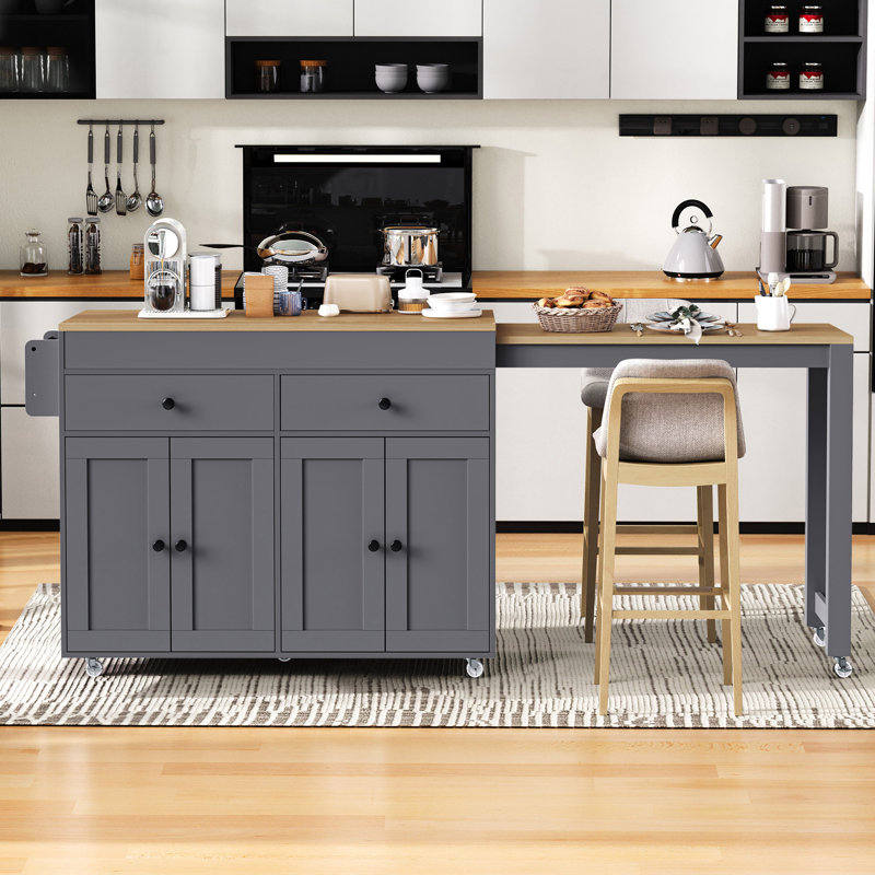 Transitional Kitchen Island With Extendable Dining Table For 2-4 People, Rolling Kitchen Island Table With Storage Cabinet And Drawers