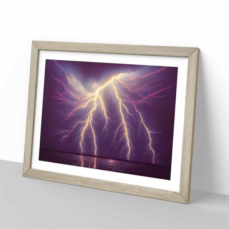 XH1022-7103X Powerful Lightning Storm 1 Piece Single Picture Frame Wall Art, 46cm H x 64cm W, Oak