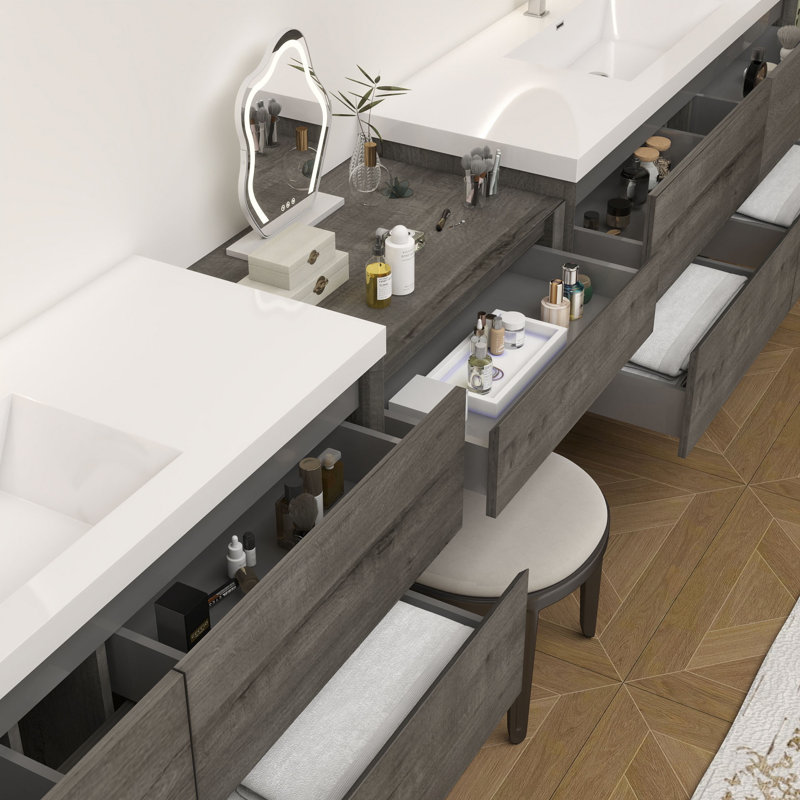 Meuble-lavabo mural 150 po avec évier en acrylique renforcé Aliki, Fumée / chêne