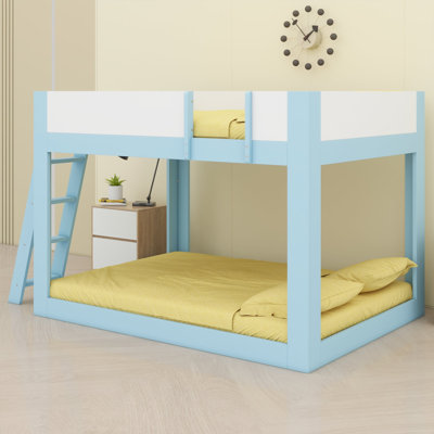 Lit double superposé double pleine grandeur, lit superposé convertible en bois avec échelle réversible et garde-corps de sécurité, bleu et blanc