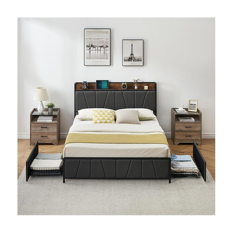 Queen Platform Bed – USB + Drawers, Linen Upholstery