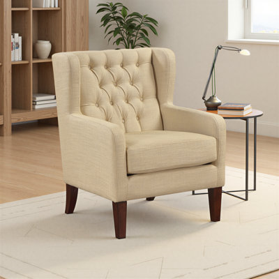 Fauteuil d'appoint moderne et contemporain Iris de 30 po avec revêtement en tissu texturé, dossier à oreilles capitonné, pieds en bois massif brun