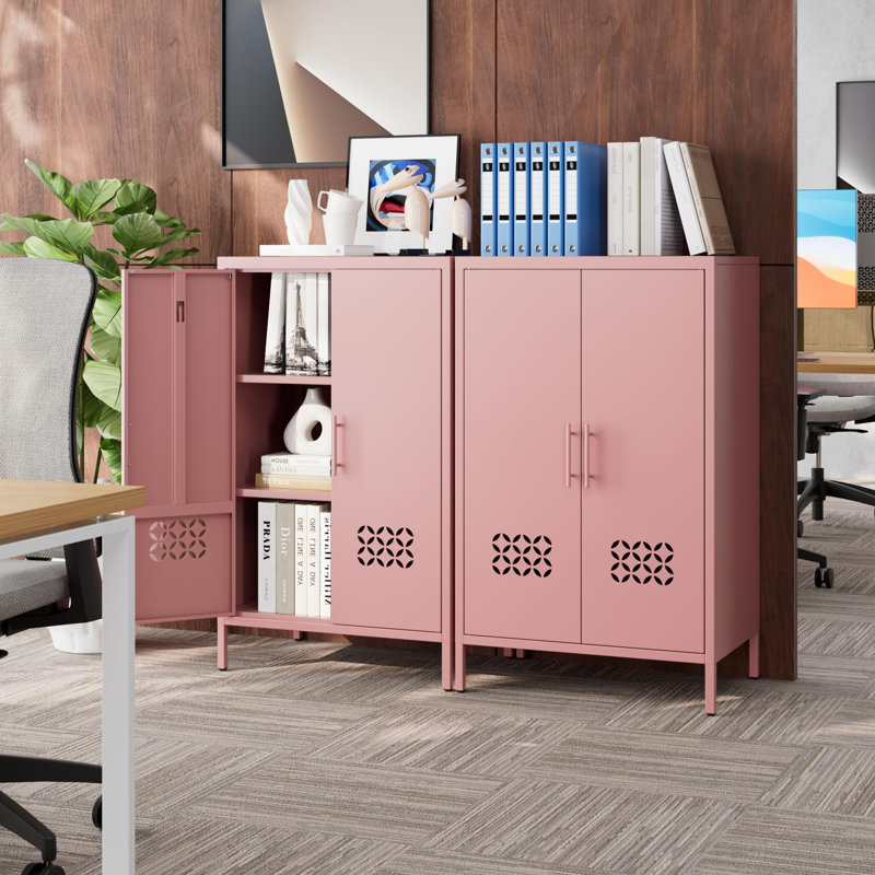 Armoire de cuisine en métal de 42 po avec 2 tablettes, convient aux bureaux à domicile et aux salles de bain, nécessite un assemblage automatique, rose