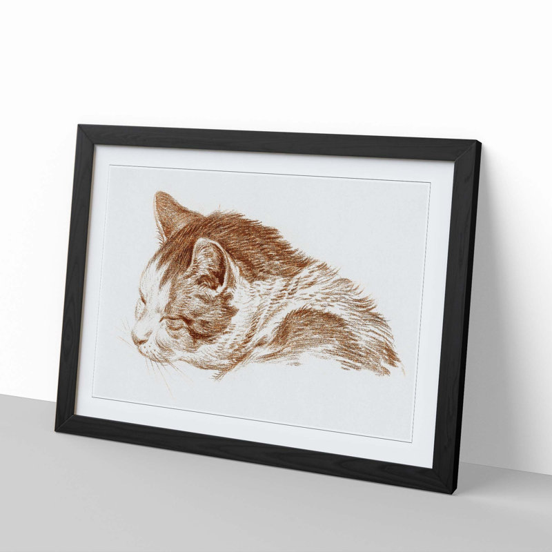 Illustration of a Cat by Jean Bernard - Picture Frame Painting Print, 48cm H x 65cm W x 2cm D, Black Framed