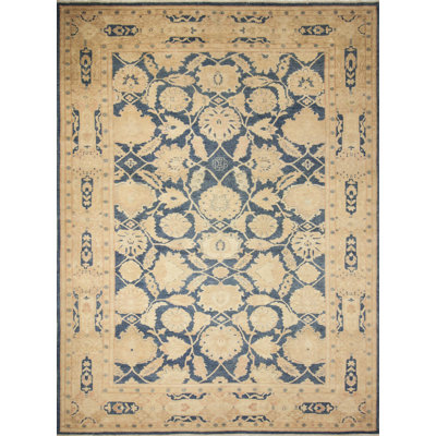 Tapis noué la beige 9 pi x 12 pi en laine à la main one-of-kind Romona