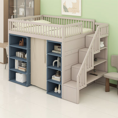 Loft Bed With 2 Four-Layer Storage Shelves And Curtain