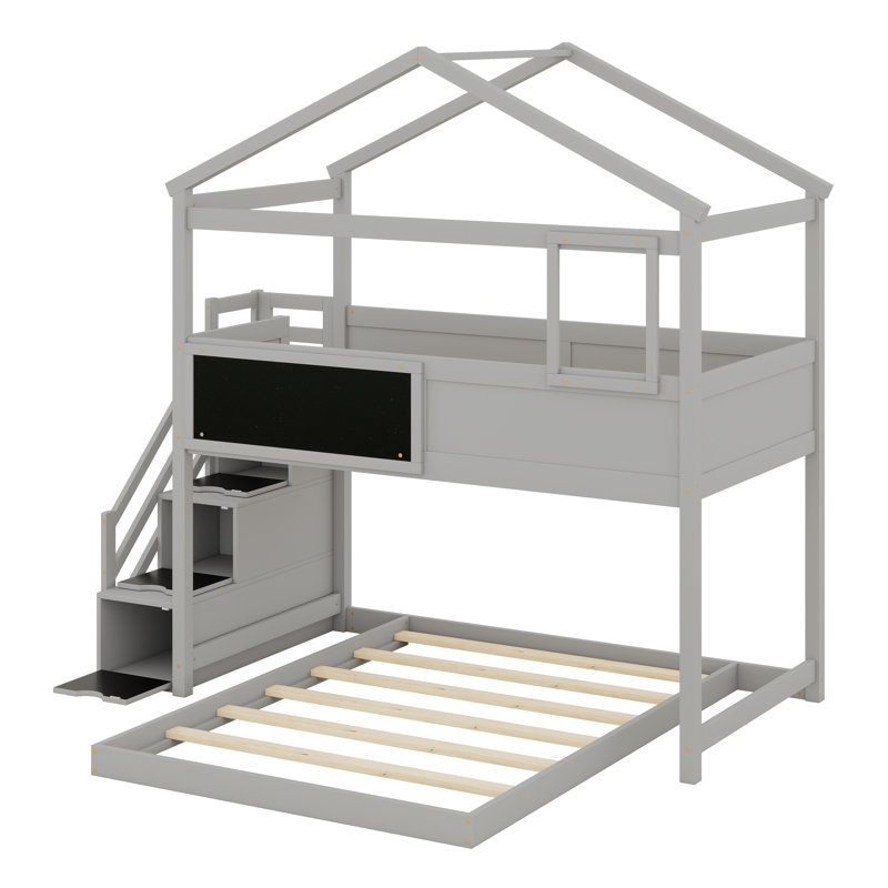 Pine Wood House-Shaped L Bunk Bed With Storage Staircase, Blackboard And Wooden Slats Support, Gray
