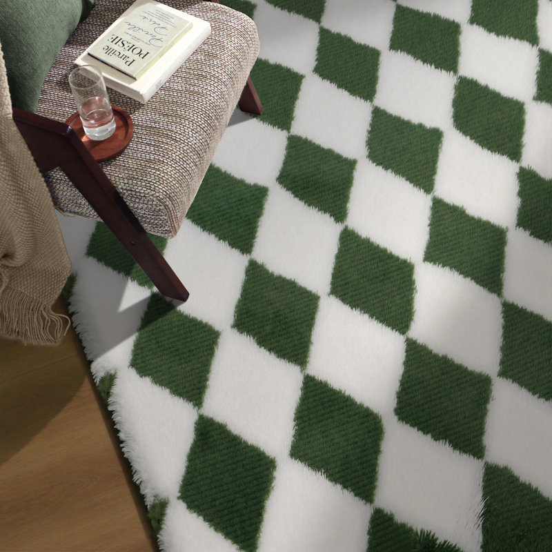 Modern Green/White Checkered Machine-Washable Shag Area Rug, Rectangle 8' x 10', Green/White