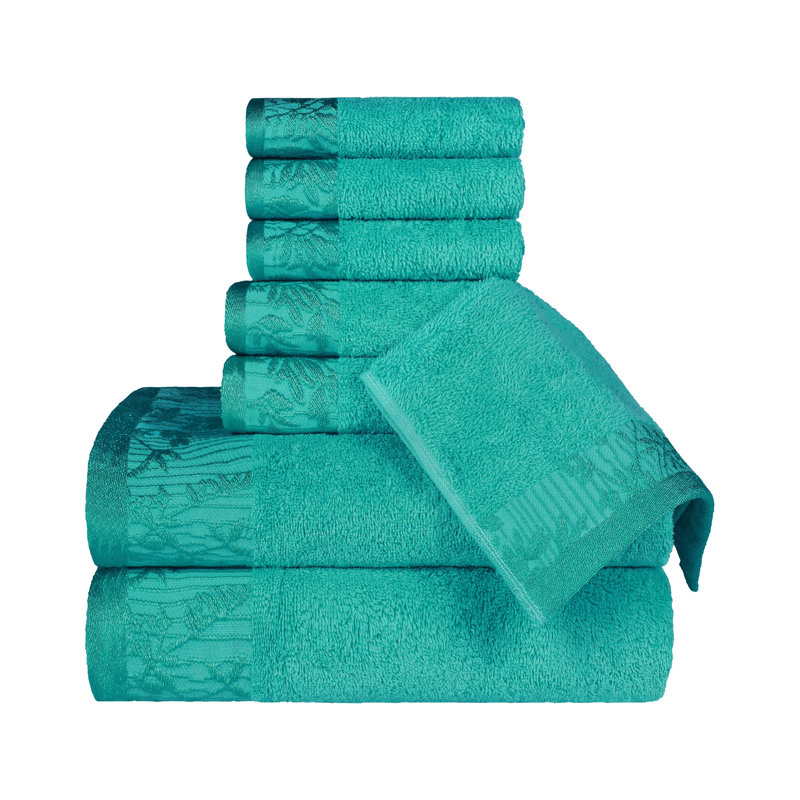 Carinna Cotton Medium Weight Floral Jacquard Border Assorted Bathroom Towel Set, Turquoise, 8 Piece Towel Set