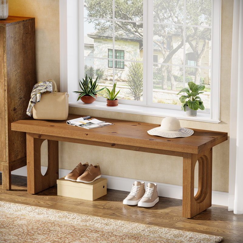 Solid Wood Bench, 43.3" Farmhouse Entryway Bench for Living Dining Room, Rustic Narrow Indoor Wooden Seating for Entry, Bedroom, Hallway, Natural Brown