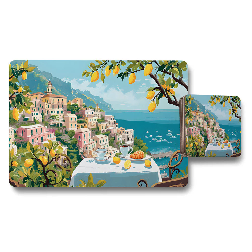 Italian Seaside Village Placemat And Coaster Set With Lemon Trees