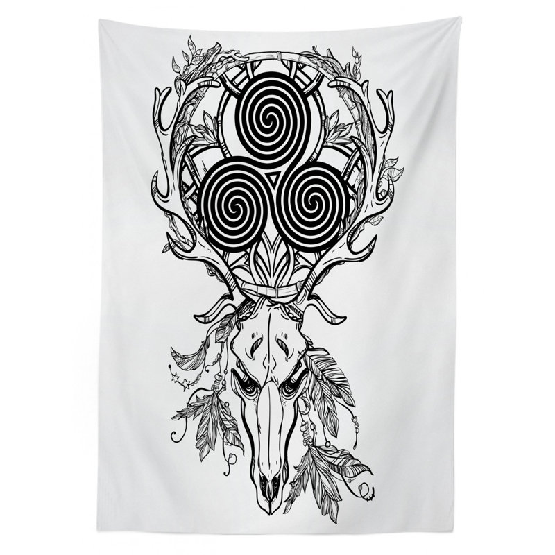 Nappe Celtic, crâne de cerf avec plume et spirale celtique sur les cornes, housse de table rectangulaire pour décor de cuisine de salle à manger, 52 po x 70 po, noir et blanc