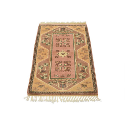 Tapis oriental en laine rose rétro noué à la main 3 pi 2 po x 4 pi Milas Milas