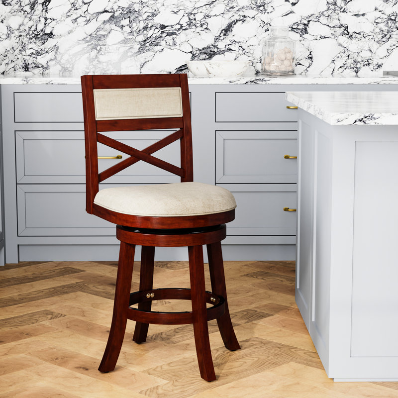 24" Counter Height Swivel Stool, Cherry, Beige Fabric, Stylish Seating Choice Cherry Finish, Comfortable And Fashionable Seat