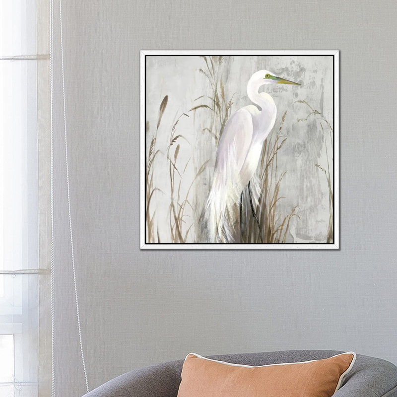 Heron In The Reeds by Aimee Wilson - Painting on Canvas, 66.04 cm H x 66.04 cm W, White Framed