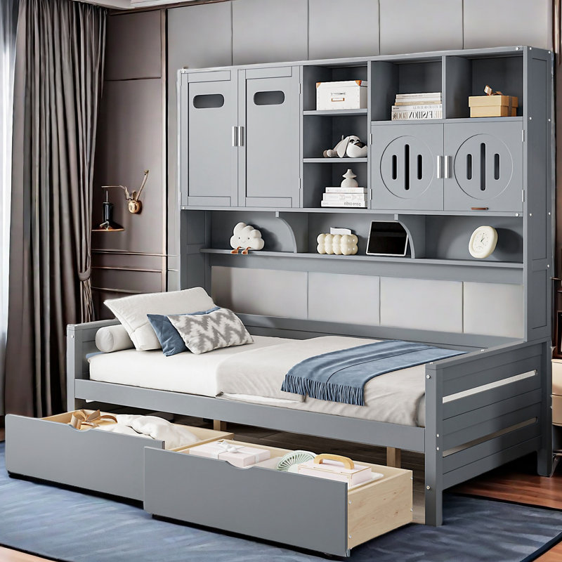 Bellinger All-in-One Wooden Daybed With 2 Drawers, Cabinets and Shelves, Gray, Twin