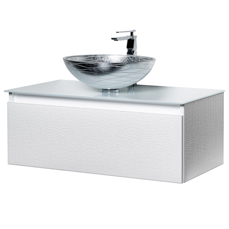 23.6 Single Bathroom Vanity with Top, White Crocodile, 35", White Tempered Glass
