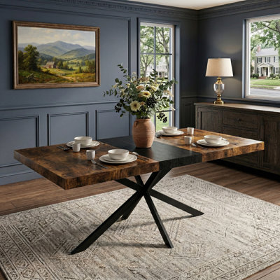 Table de salle à manger rectangulaire extensible de 55,11 po à 70,86 po, plateau en bois rétro avec base en fer noir et boîte de rangement, finition antique