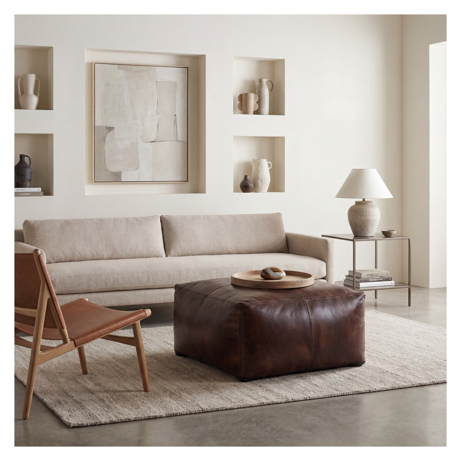 Upholstered Pouf, Dark Brown Genuine Leather
