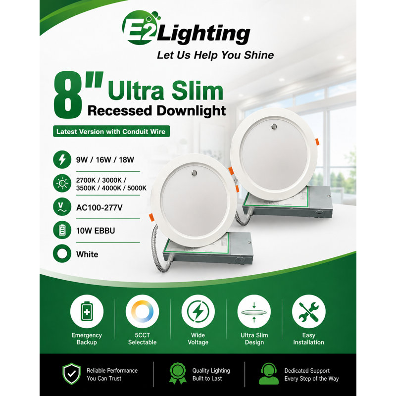 Spot encastré à DEL extra-plat E2 Lighting avec batterie de secours | Lot de 2 | 20 cm | 18 W | Intensité variable | Température de couleur réglable à 5 niveaux