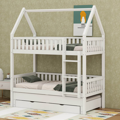 Lit superposé simple au dessus d'un lit simple avec lit gigogne et tiroirs de rangement, lit superposé avec toit Playhouse, cadre de lit de maison en bois