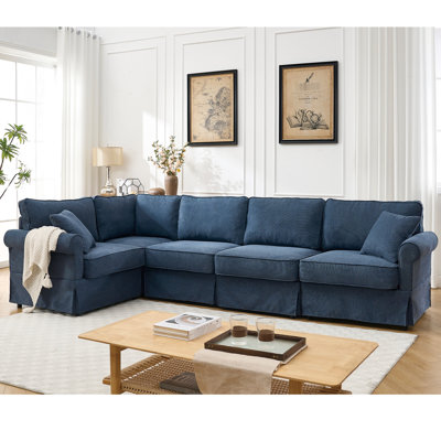 5 Convertible , L Shaped Sectional With Dark Blue Upholstery And Fabric Wood Base