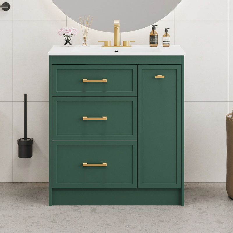 Ensemble de meuble-lavabo avec trois tiroirs, parfait pour les petites salles de bain, Vert
