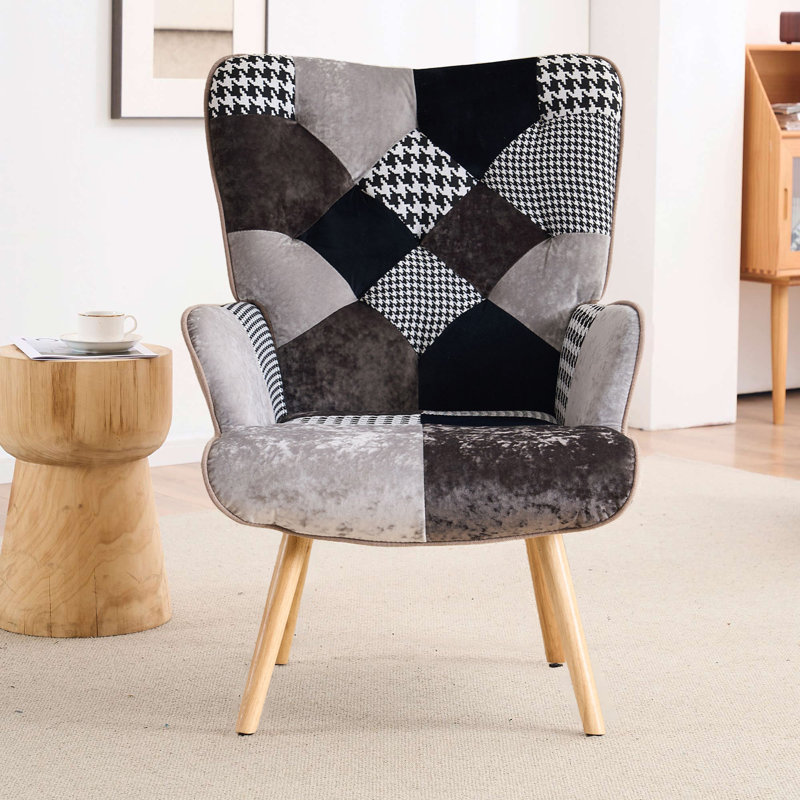 Chaise avec accoudoirs à haut dossier Heidegard, Pied-de-poule noir