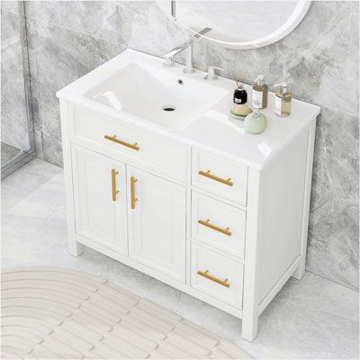 Bathroom Vanity with Sink Top, Bathroom Vanity Cabinet with Two Doors and Three Drawers, Solid Wood