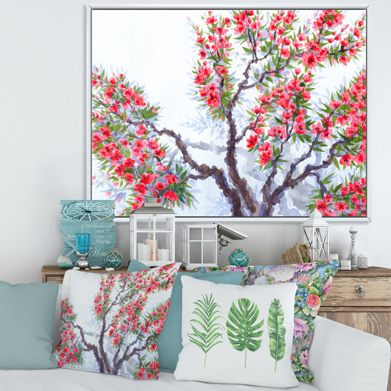 Fleurs rouges du printemps - Peinture sur toile, H 30 po x l 40 po x 1,5 po, Cadre blanc
