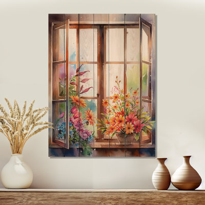 Window Of Floral Blooms III - Unframed Print on Wood