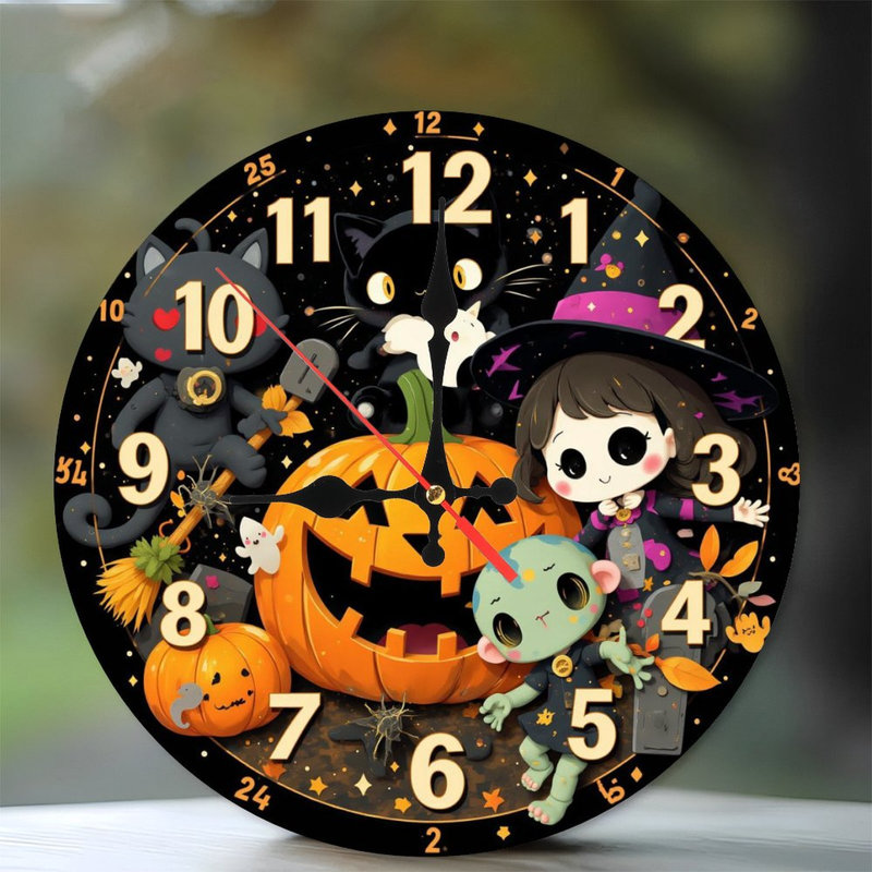 Witch cat pumpkin Halloween clock