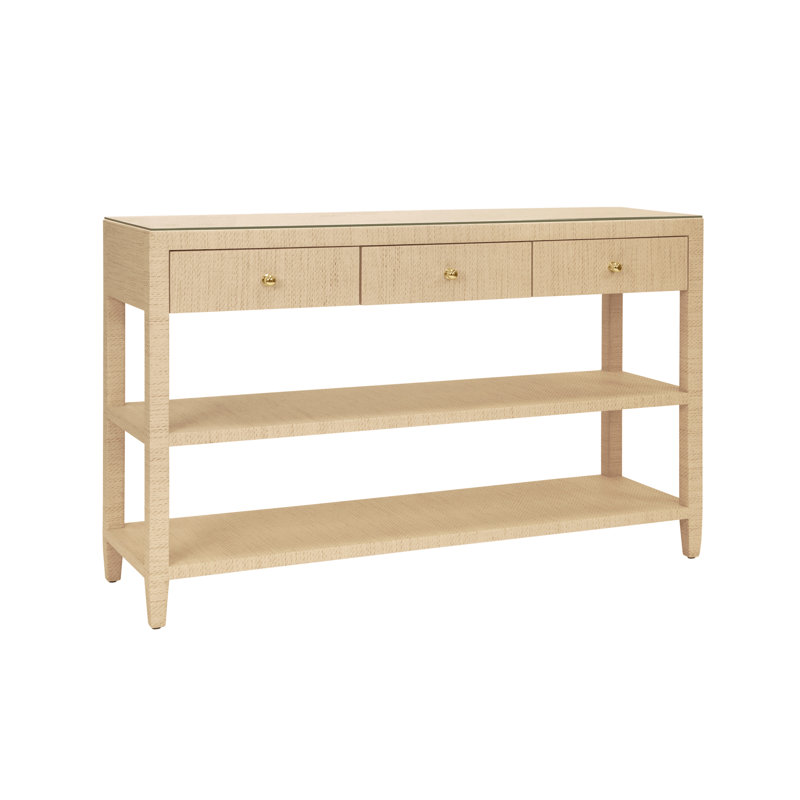 Three Drawer Console With Two Open Shelves In Natural Grasscloth With Polished Brass Knobs, Natural